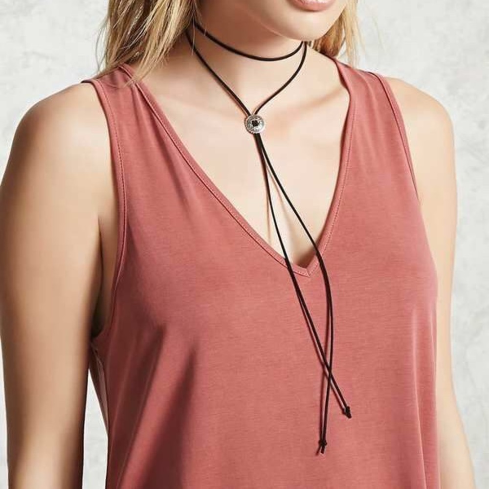 Faux Black Leather Suede Bolo Tie Choker Necklace